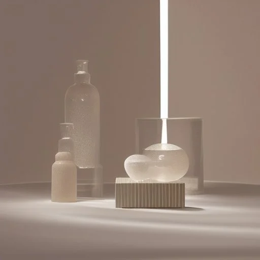 studio photography of a set of highly detailed irregular non-existent glass products, stacked in impossible balance, perfect composition, film studio light, beige color scheme, indirect lighting, 8k, elegant and luxurious style