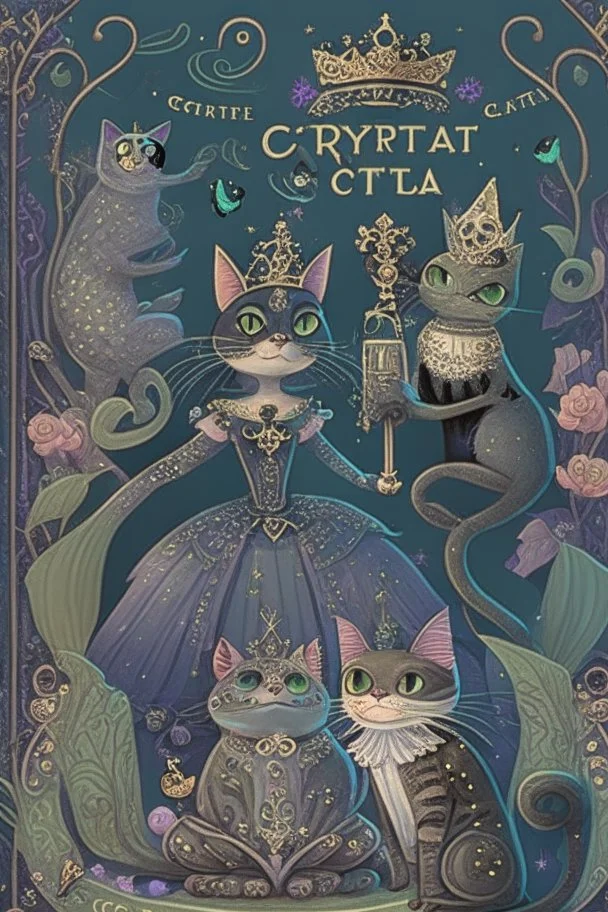 dark fantasy, intricate book cover showing a cat in boots, a frog with a crown and a fairytale princess with a glass slipper, whimsical