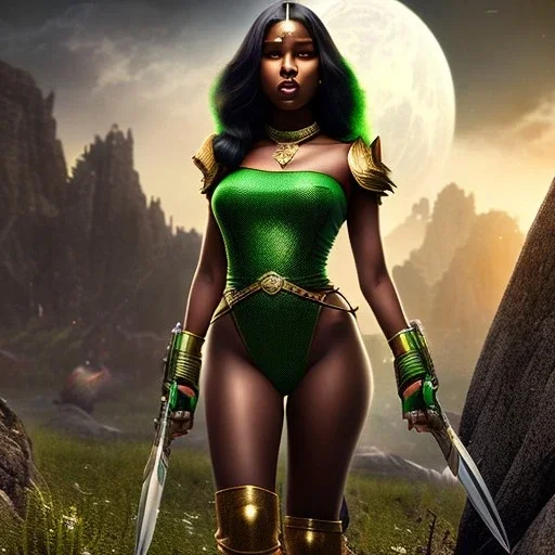 fantasy setting, dark-skinned woman, indian, green hair on the front