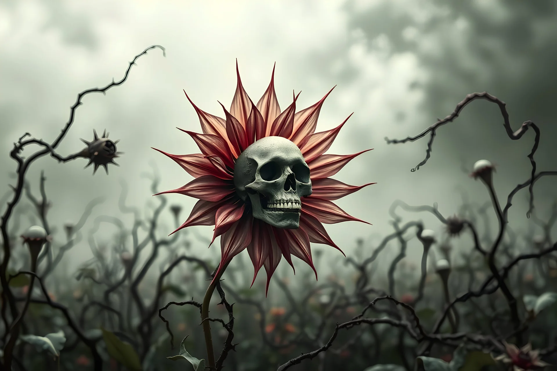 abstract - slant angle, tilted back, field of death flowers, twisted vines with vines and thorns scene. flower of death with a skull in the center, many sharp jagged petals surround the center. metaphorical, fantasy art.