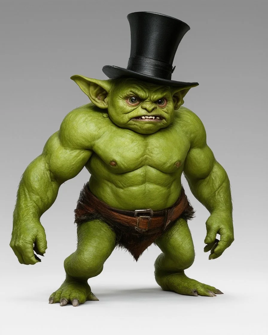 large dwarf goblin standing confidently, towering over most creatures with a stout, muscular build. Its skin is a vibrant shade of green, with a slightly rough texture. The goblin's large, expressive eyes are wide and gleaming, filled with mischief and curiosity. Long, sharp fang-like teeth protrude from its mouth, giving it a somewhat intimidating yet endearing appearance. Perched atop its head is a tall, elegant top hat, slightly askew, adding a touch of whimsy to its appearance. The hat is ad