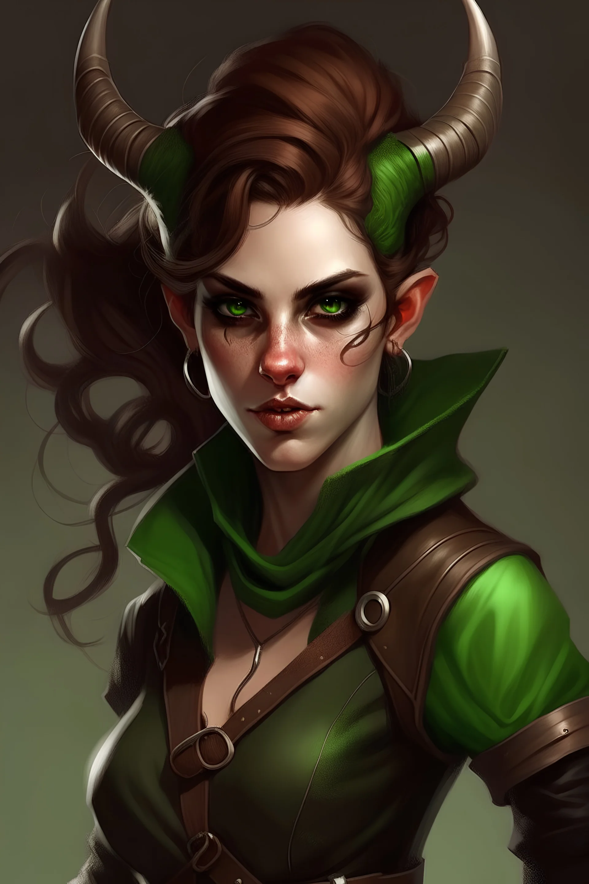 Tiefling rogue girl; pale skin; green eyes