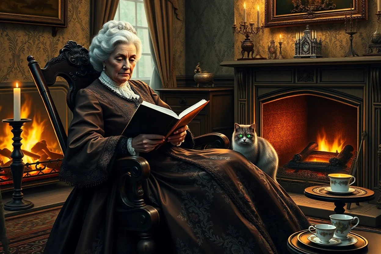 create an elegant old English parlor scene, noble elderly woman in richly detailed 1800s gown, seated by a roaring fireplace in a rocking chair, reading as a fluffy Persian cat with glowing green eyes rests on her lap, candlelight flickering, antique wallpaper, teacup and porcelain tray nearby --ar 3:2 --v 7 --style raw