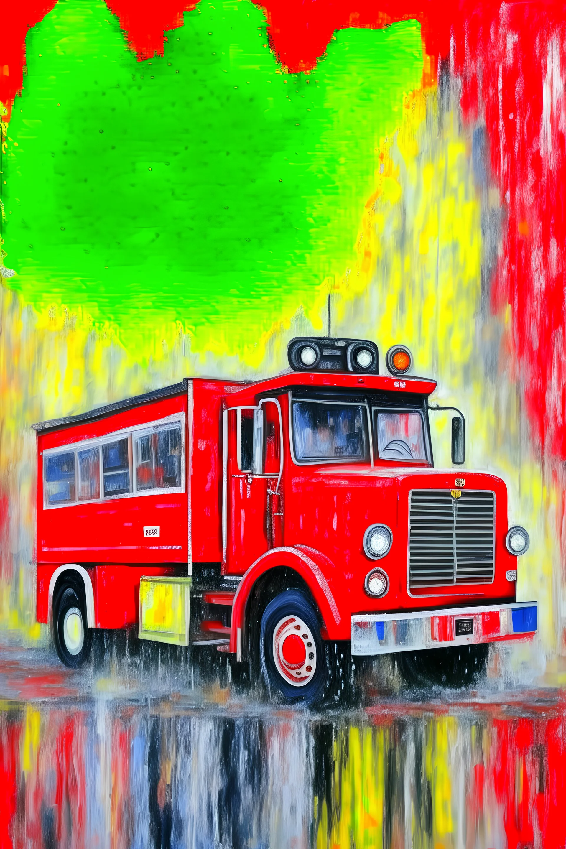 firetruck, spraying water, abstract expressionist