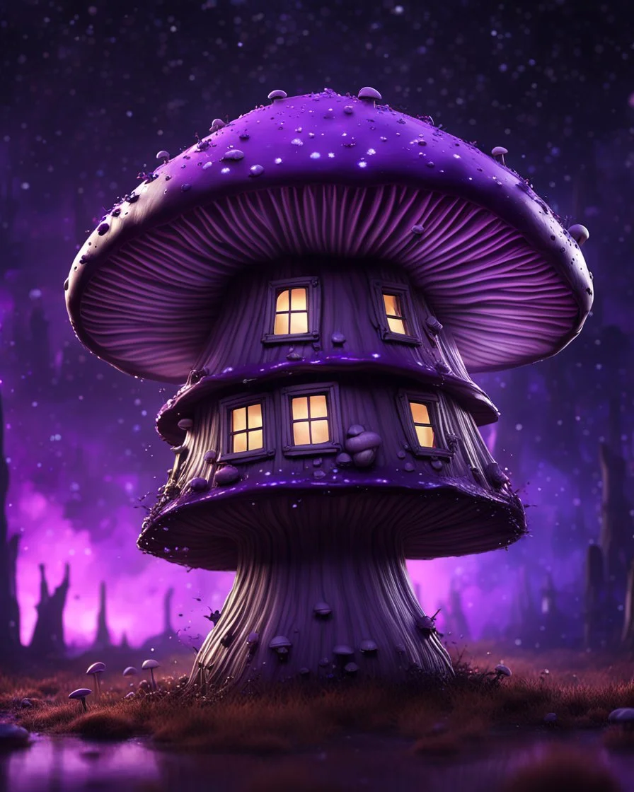 An illogically floating mushroom house on a clear night. white purple black, Stars Dark cosmic interstellar. Detailed Matte Painting, deep color, fantastical, intricate detail, splash screen, hyperdetailed, insane depth, concept art, 8k resolution, trending on Artstation, Unreal Engine 5, color depth, backlit, splash art, dramatic, High Quality Whimsical Fun Imaginative Bubbly, perfect composition