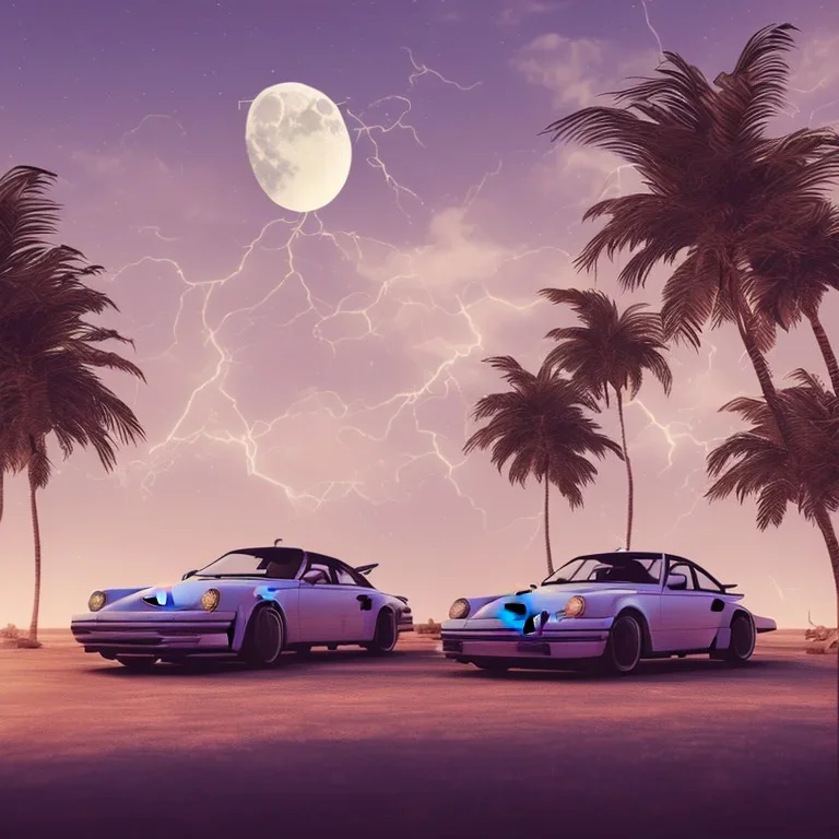 1980's aesthetic vaporwave palm trees with moon with porsche in autumn with lightning