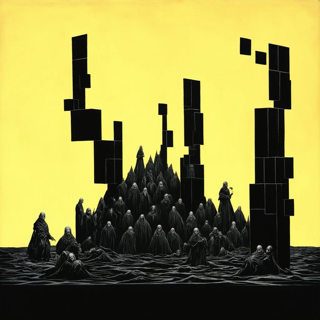 nihilism, mourning damned souls in hell, gnostic regression, segmented, by Dave McKean and VS Gaitonde and Zdzislaw Beksinski, surreal, horror, fragmented minimalist composition, overlapping cel boxes shuffled and offset, moody, sinister