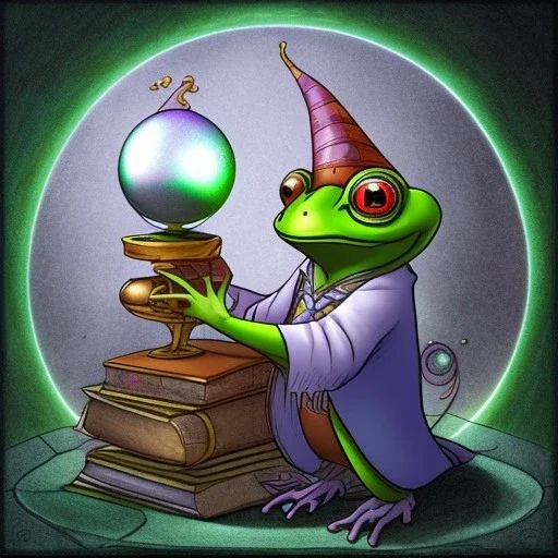 a frog wizard pondering his crystal ball