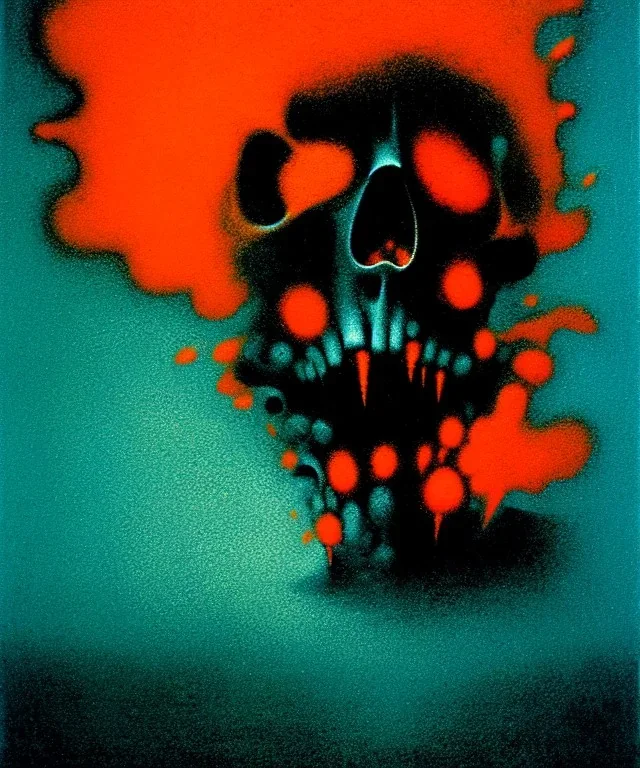 broken skull. black background. smoke and explode. particles in air. teal and orange. abstract. beksinski.