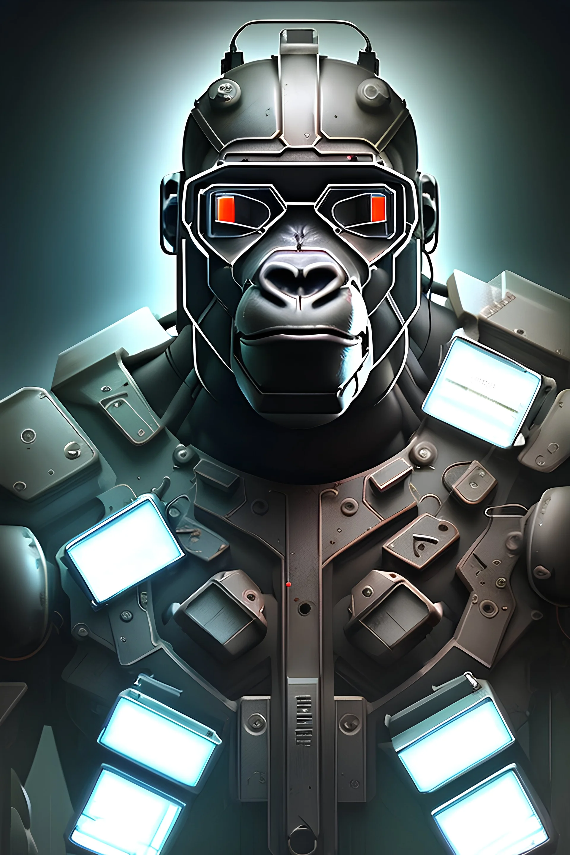 realistic cyberpunk style geometric robotic gorilla wearing rectangular goggles and a high tech cybersuit with various wires lights and doodads made of reflective black plastic rusted metal and discarded electronic parts looking up into the sky in harsh high contrast lighting from the top