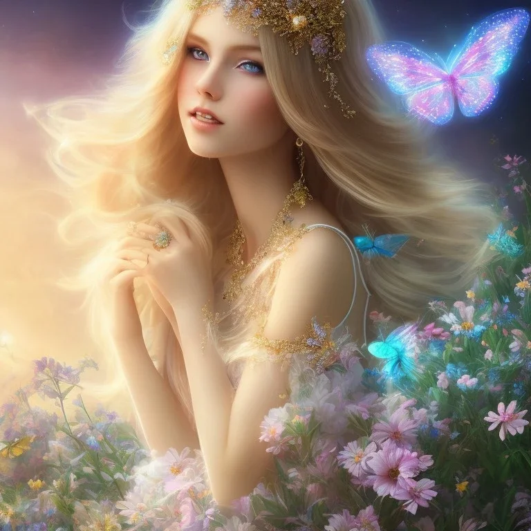 bright fairy, unic beautiful kind portrait, blond hair,blue eyes, flowery luminous pastel colors, butterfly