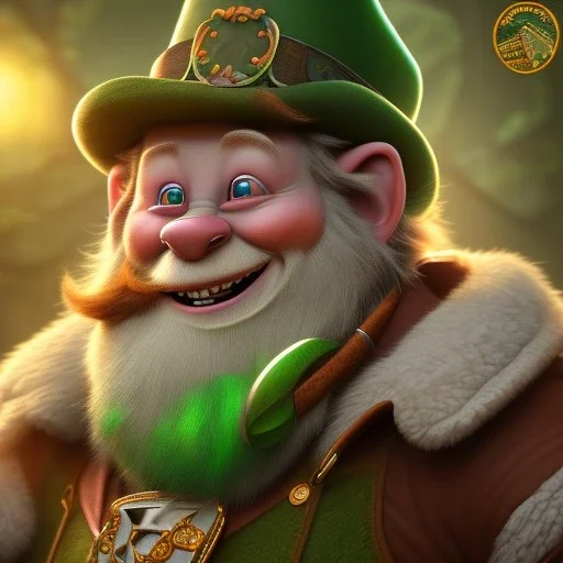 Ultra detailed fullbody of leprechaun with and shamrock,old,fat,extremely detailed digital, human,painting,detailed eyes, extremely detailed face ,perfectly centered image, perfect composition, rim light, beautiful lighting,masterpiece,8k, stunning scene, raytracing, anatomically correct,, in the style of Dysney and pixar,smile