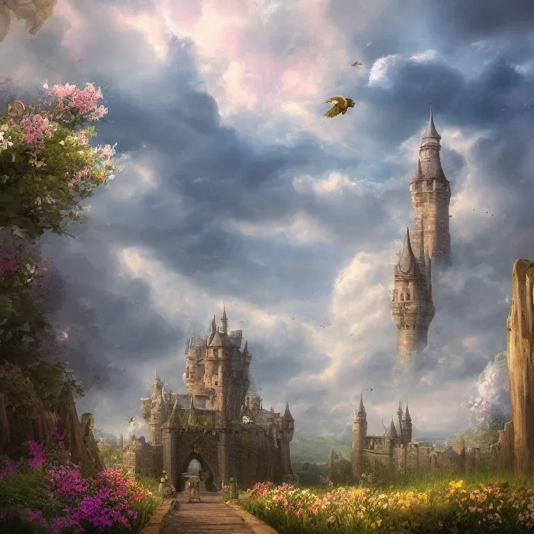 Epic Castle into sky, with flowers of fyre. Huge clouds and birds. Shy girl going out of the main gate. Detailed painting, sharp color, medieval, intricate detail, far sceen, realistic colors, medieval concept art. spring.