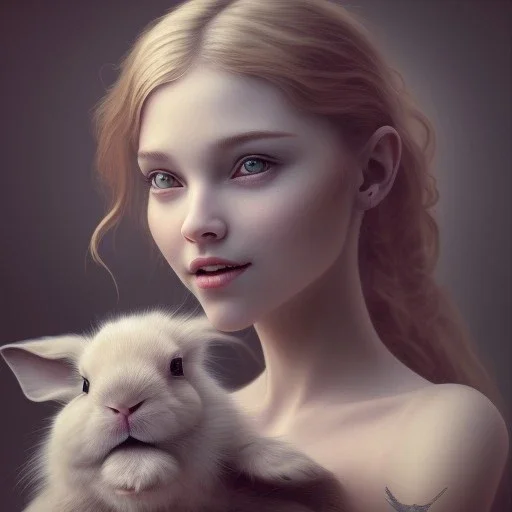 a cute smiling girl holding her bunny, tattoo in her face, michelangelo oil painting, steam punk, scary, horror, realistic, made in octane, cinematic, ultra-realistic, extremely detailed octane rendering, 8K, VRAY Super Real ar 2:3, dof photorealistic futuristic 50mm lens hard lighting dark gray tintype photograph, realistic lighting, sephia colors