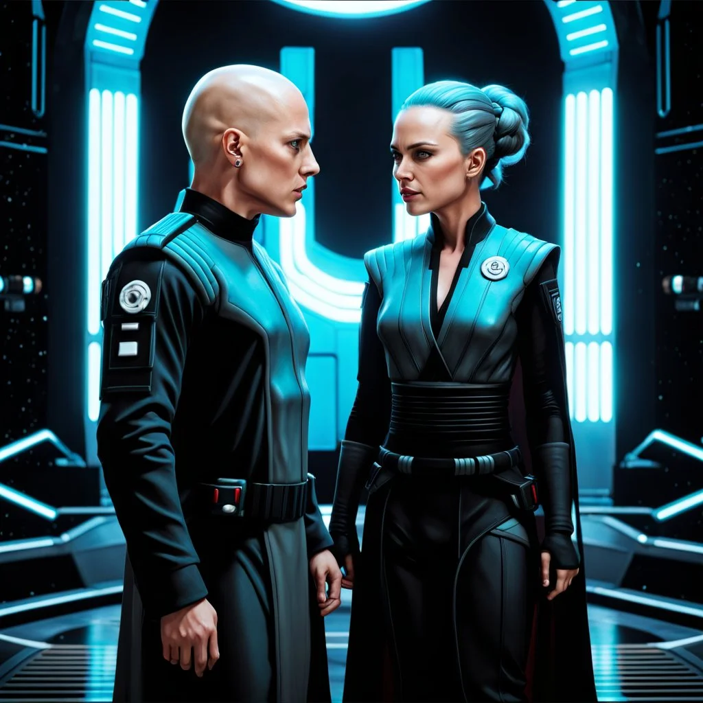 a bold and heroic bald male Corellian pilot in black and metallic grey First Order special forces gear meets a female Jedi Master in ancient, mystical temple, hyperdetailed, dynamic lighting, hyperdetailed background, 8k resolution, volumetric lighting, light skin, fully symmetric details