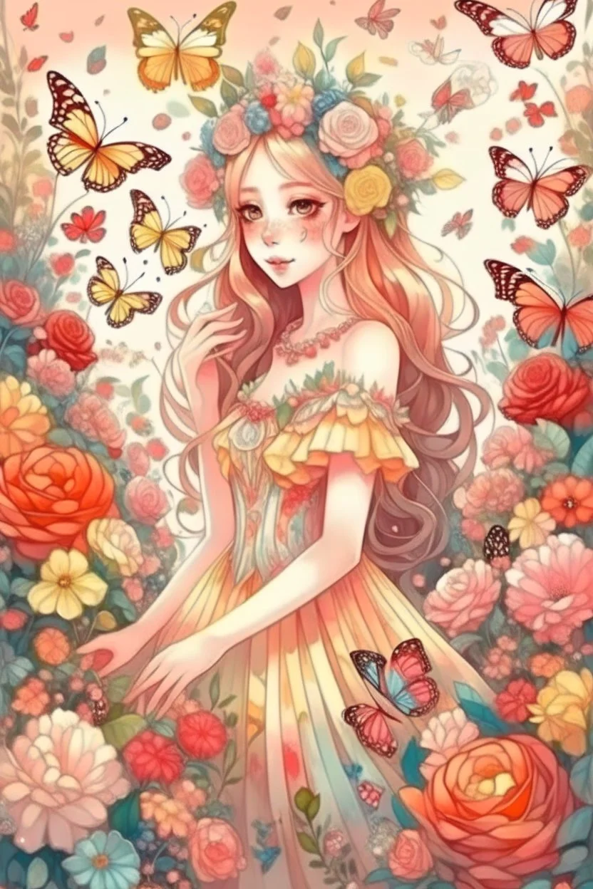 A beautiful gentle elf girl in a very beautiful airy dress, surrounded by fabulous flowers, plants, butterflies