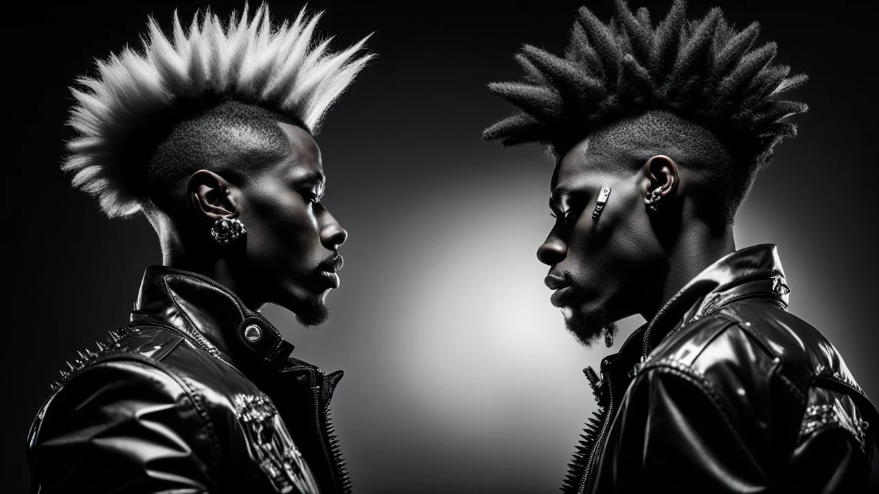 two Afro-American males facing each other in profile, confrontational stance, high-contrast black and white, deep shadows, bright rim lighting, dark studio background, punk spiked mohawk hairstyles, metallic reflective jackets, skin highlights, intricate chrome ear frames and jawline exoskeleton jewelry, biomechanical ear cuffs, sculptural contours, sharp silhouettes, cinematic low-key photography, cyberpunk aesthetic, symbolic duality, tension, dramatic