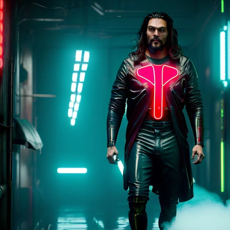 Actor, jason momoa, blade runner style, rain, fog, neon ambient, gradient color, clean skin, circuits, latex coat, cyber punk, neon, tubes, portrait, photo studio, unreal engine 5, smooth color, 16 bit, god lights, ray tracing, RTX, lumen lighting, ultra deatail, volumetric lighting, 3d, finely drawn, hd.