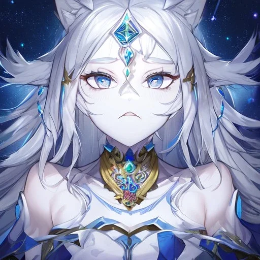 cosmic mage, elf, female, battle mage, epic, cosmic magic, long ears, white hair, face details, pale skin, jewellery, broad shoulders, sharp ears, cosmic clothes, cosmic eyes, ears shown, light out of eyes, the cosmos in eyes, stars in eyes, shining eyes, non human face, thin face, animation, detailed ears, magical eyes, non realistic, closed mouth, bigger make up, smiling face