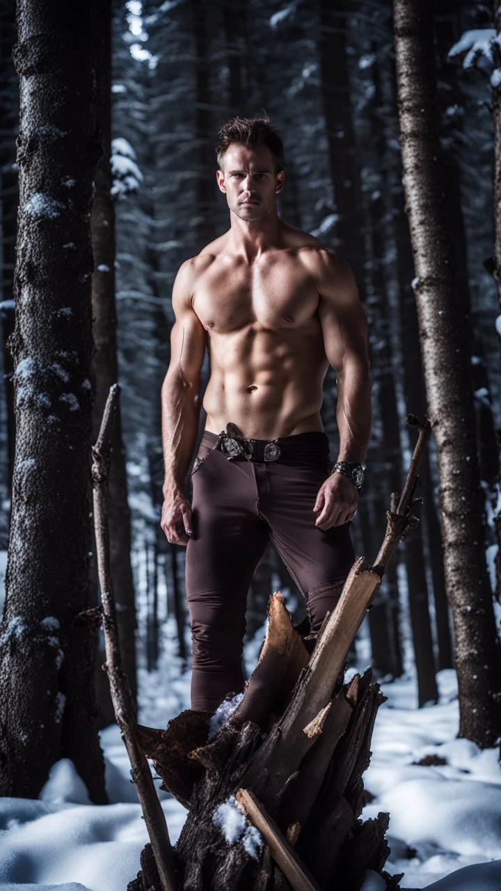 two Handsome and muscular 30 year old shirtless mountain men , dark fantasy, snowy forest