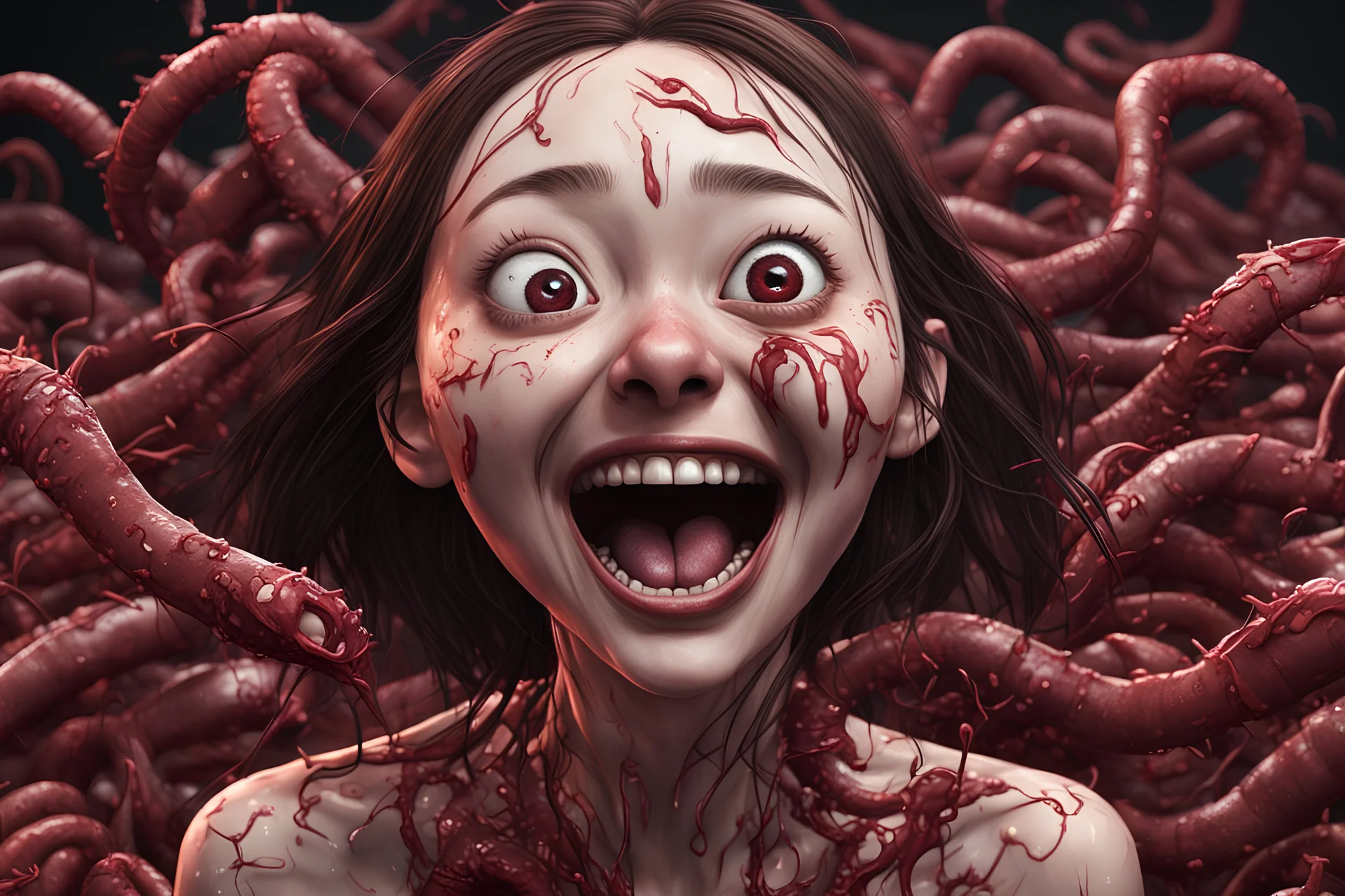 Woman with rare eyes,smiling meanwhile many worms streaming from his mouth, face distorted with pain, screaming, tears streaming, siting pose, fullbody, Junji Ito style, darkred tones,high detailed, 4k resolution, digital paiting, cute, art, no background 3d pixar disney the cinematic FKAA, TXAA, and RTX graphics technology employed for stunning detail.