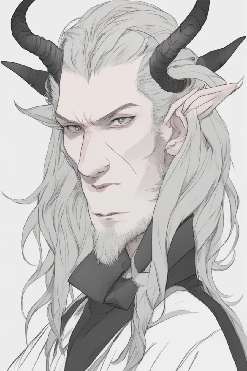 A dnd character portrait, a tiefling man with long hair and two long black horns that curve backwards, white eyes and pale skin. Handsome. Young.