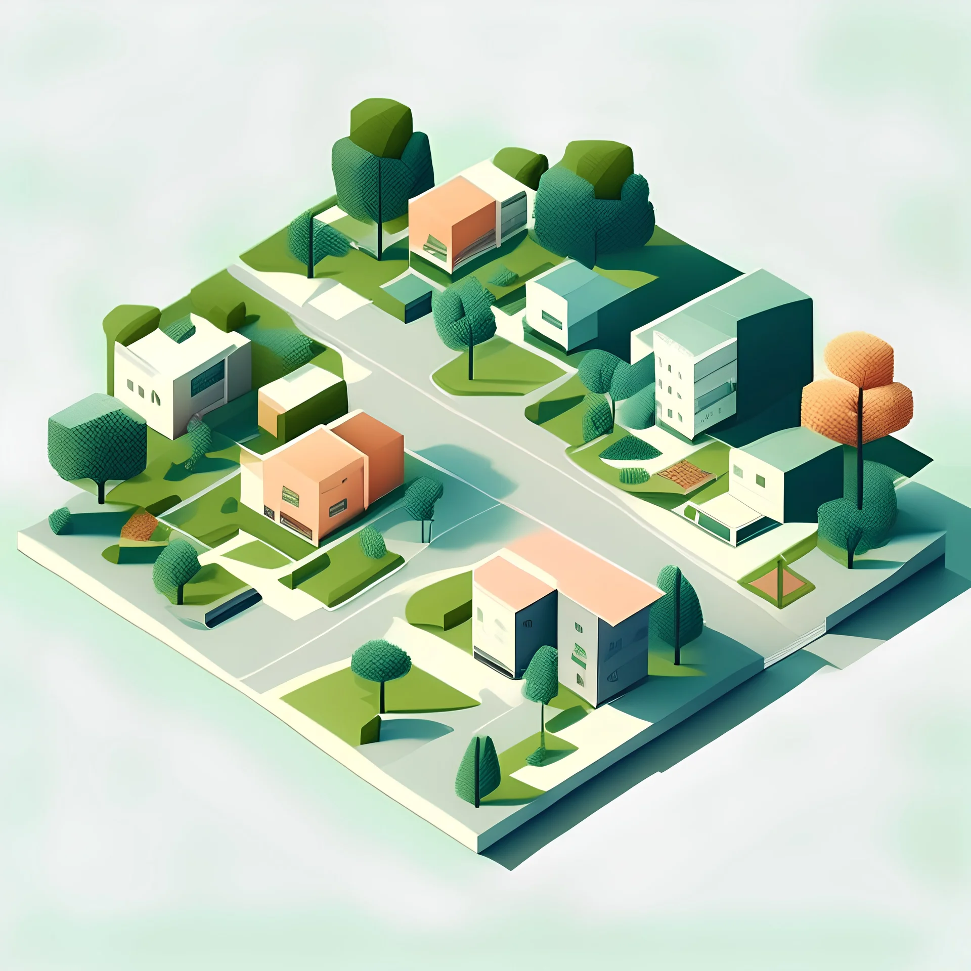 isometria estilo minimalista arquitectonico de un terreno en donde se evidencie un parque, un super mercado y viviendas a modo de transición, sin vegetación, en este orden sin unir: parque, calle, supermercado, calle, viviendas
