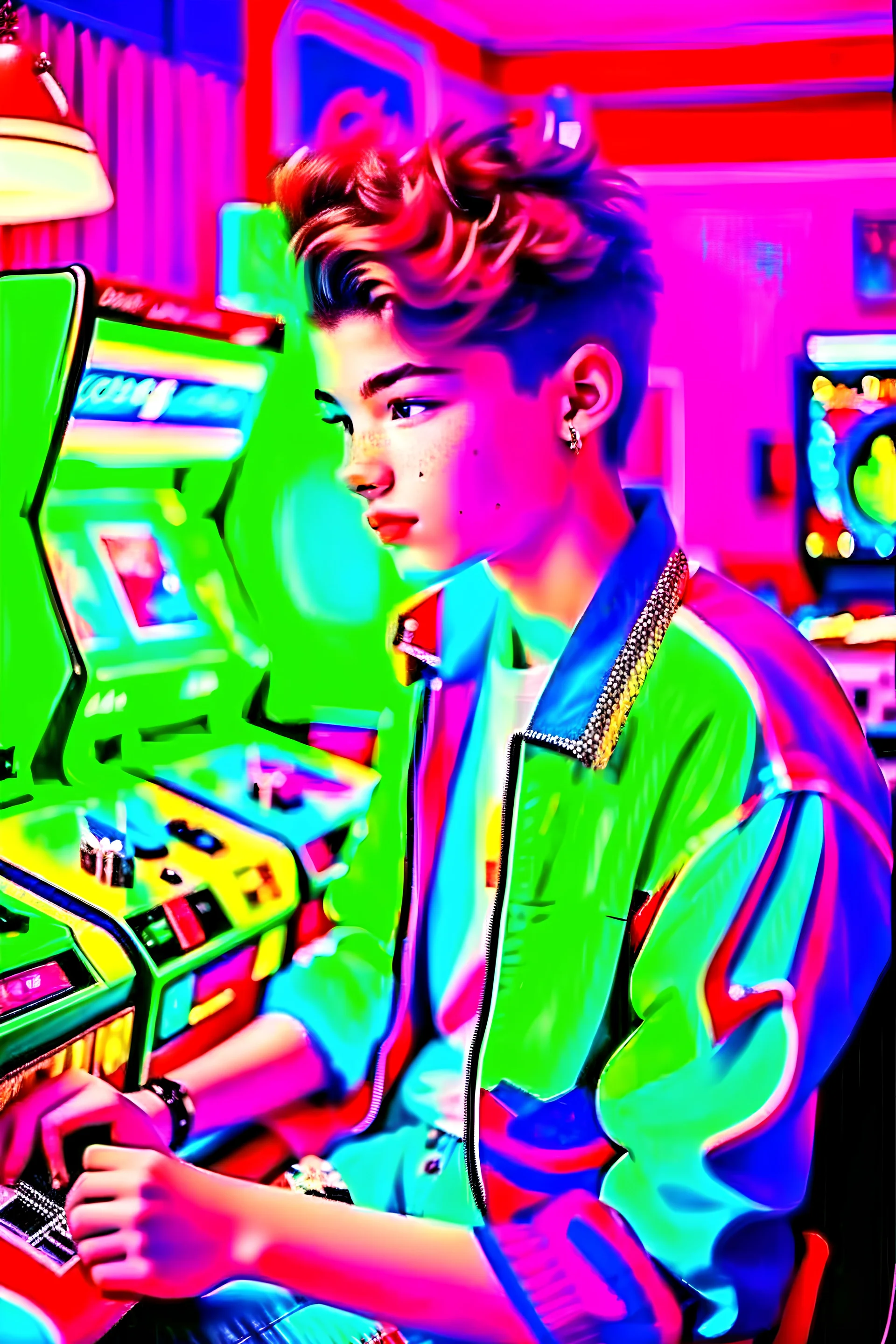 a millineal teenage boy is playing video arcade games, bright colored clothes from the 90s, hairstyles of that time