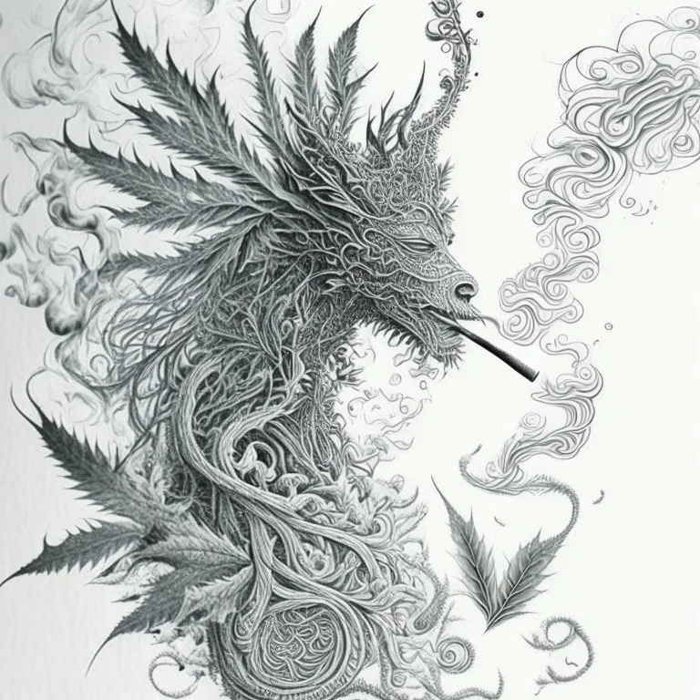 Pencil Sketch a composition where smoke transforms into a mythical creature, intertwining with intricate patterns formed by crushed weed leaves, creating a visually captivating and balanced artwork.