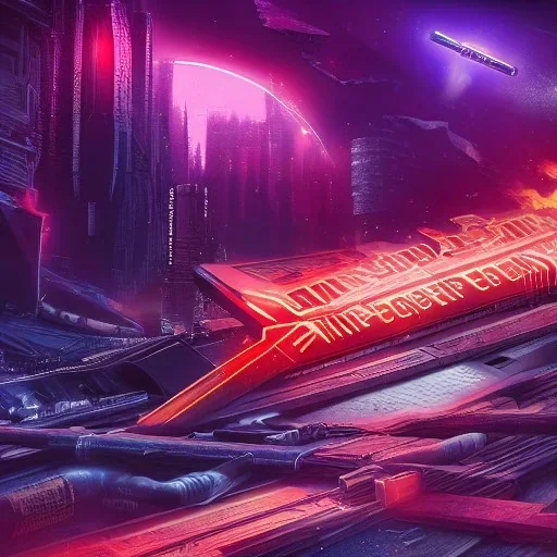 cyberpunk, landscape, GUITARS, cinematic, highly detailed, close up, 4k, deep colors, gold, fire, red, purple, dark, ethereal, utopia, apocalypse, from outer space