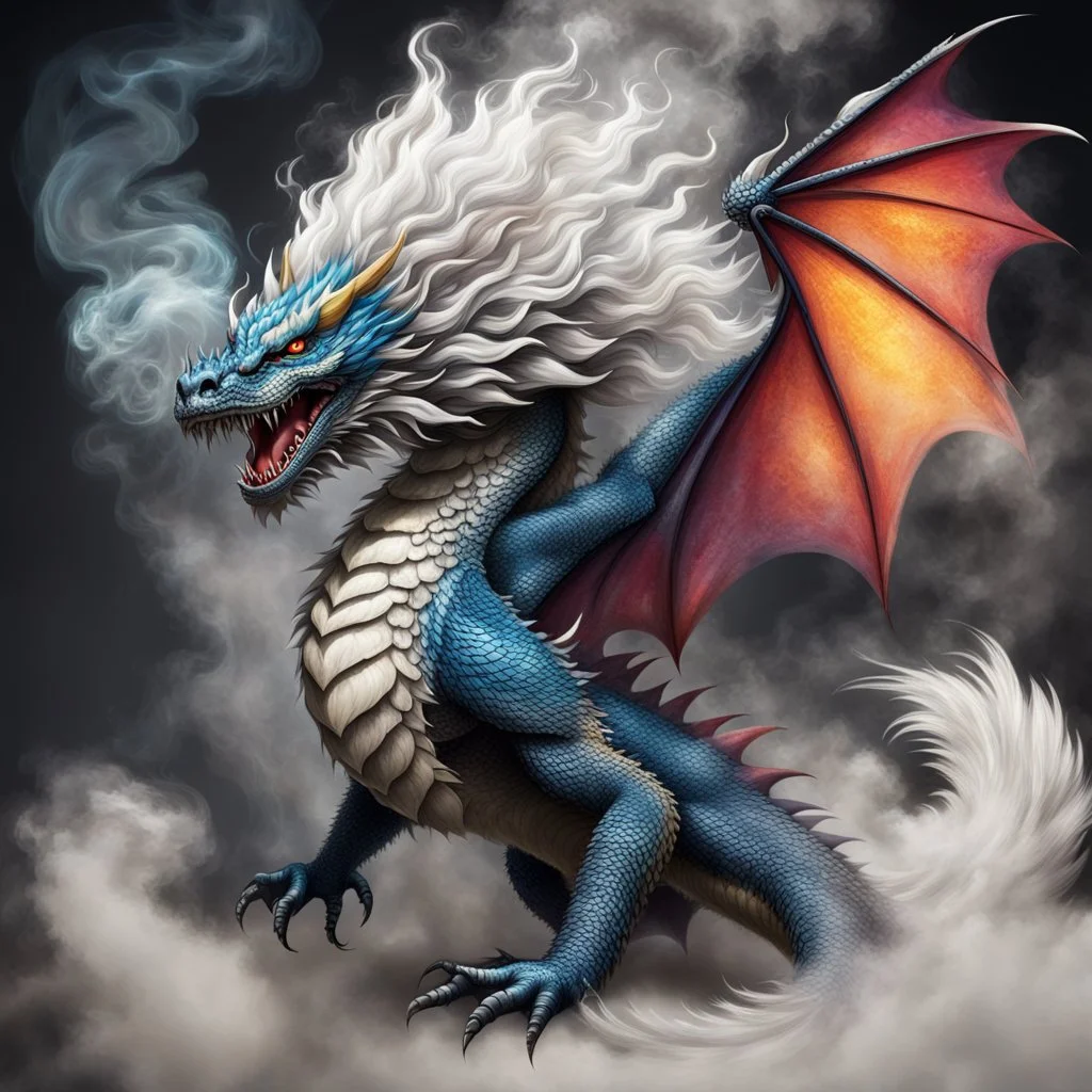 a sturdy colorful asian dragon with bat wings and curly white fur, smokey breath and fire, claws, spikes along back, a long tail, moving forward towards viewer, wrapped in smoke