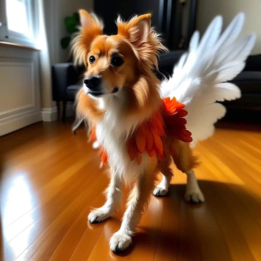 a dog with wings wearing feather coat and has chiken legs