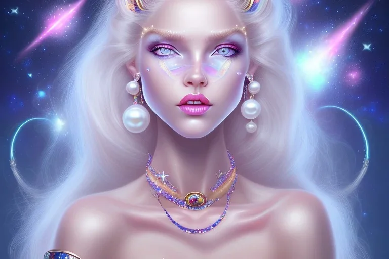 Femme cosmique, yeux bleu, cheveux blond long, lèvres roses, belle, très fine, douce, sourire, peau bleu, collier de cristale, , perle sur le front, spirituelle, aimante, accordée, étoile dans le ciel, étincelles brillantes dans les cheveux,