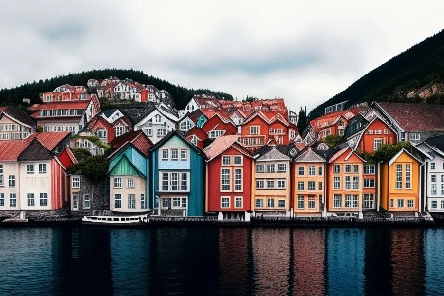 Colored pencil drawing, Very detailed, Realistic, Drawing of the colorfull houses in the city Bergen in Norway. Colorfull, professional, realistic, detailed, ultra HD, pencil strokes