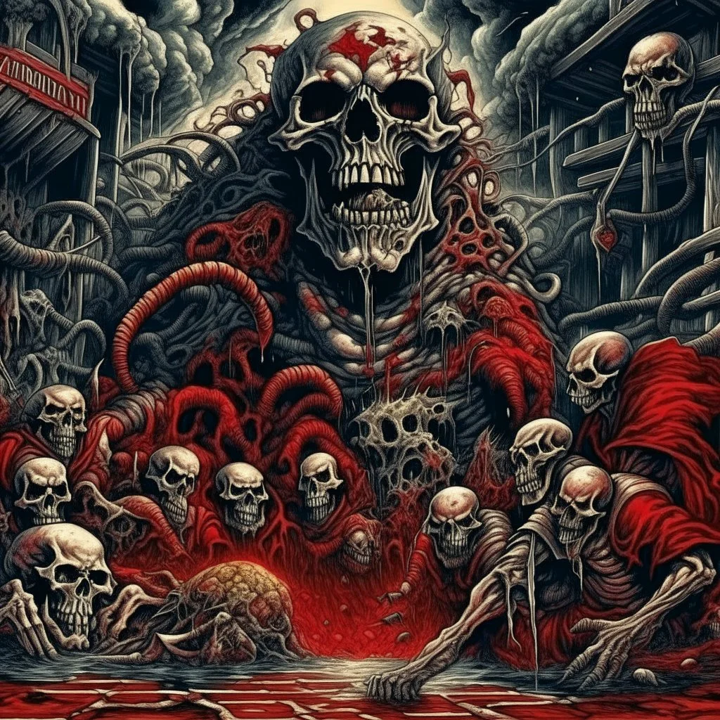 Chaos horrific, Carnivorous attack Apocalyptic plight, Grotesque morbid threat, style by Arturo Souto, unbalanced, offset, non-symmetrical surreal horror, text "Cannibal Corpse" album cover aesthetic in a death metal font