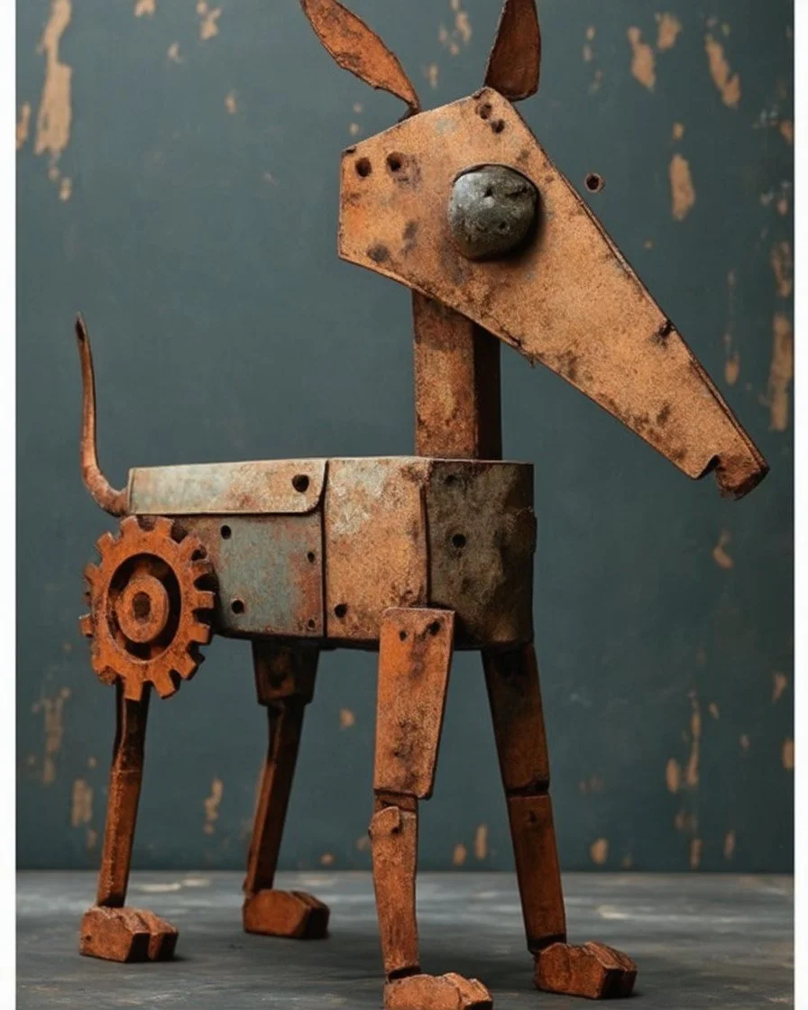 Illustration, comical dog created with disconnected shapes, shapes composed of flat rusted distressed metal panels. long irregular scalene triangle for head with oddly shaped ears, long neck connecting triangle head to oval body, with four legs and paws attached to body. A large rusted gear for the tail. whimsical, steampunk, dark distressed background.