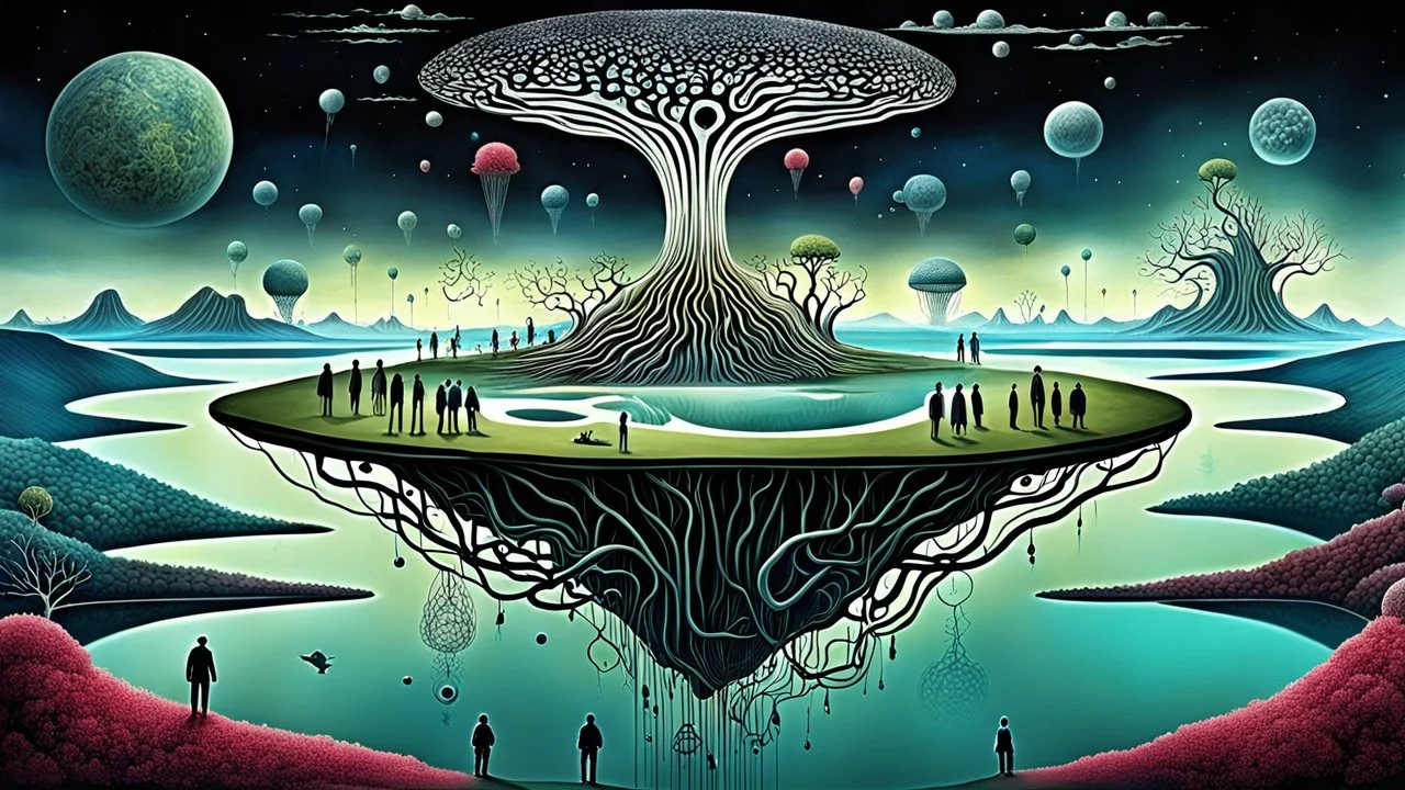 dreamlike inner world with neurodivergens soul and mind, one alone human stands on floating island over surreal weird landscape with many little humans. island with deep dark colors. Whimsical strange style of Chagall, of Quentin Blake, and Yoshitaka Amano of Anton Semenov. weird absurd beauty nightmare, in background neuronic network, Whimsical surreal vibe, cinematic