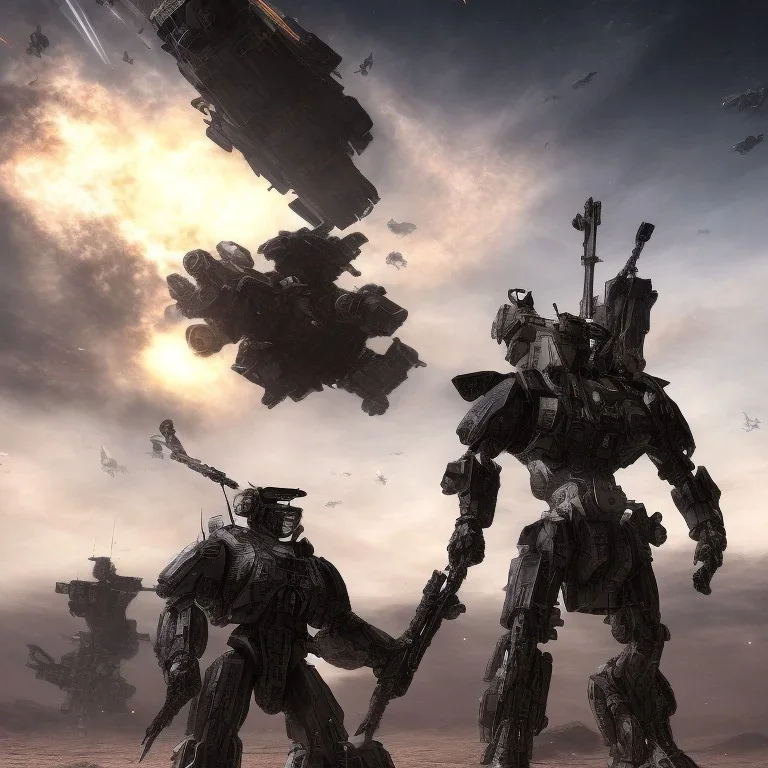 Armored Core fight another Armored Core fly in the sky in the desert with beside the ocean where you can see the space in the sky with twilight on the horizon, 4k resolution