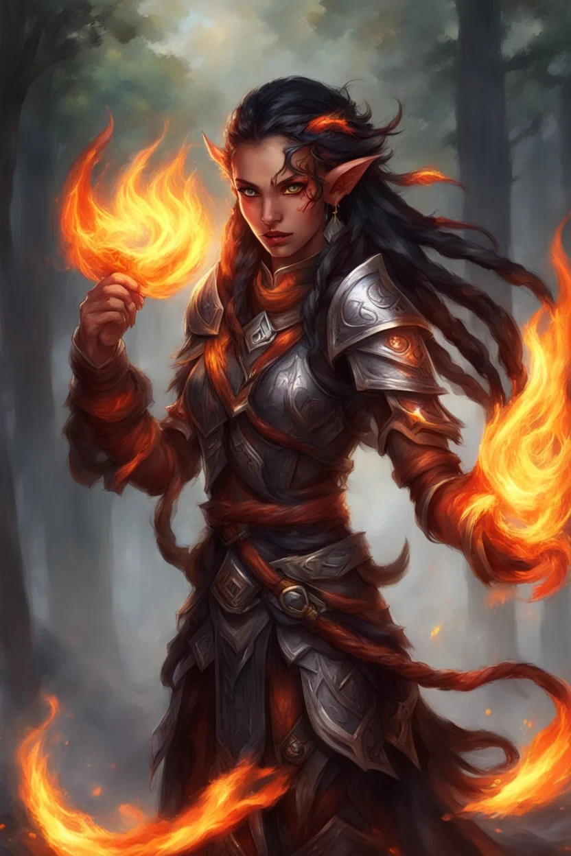 Paladin druid female with fire abilities. Makes fire with both hands.Hair is long and bright black some braids and it is on fire. Eyes are noticeably big red color, fire reflects. Has a big scar over whole face. Skin color is dark. Has elf ears