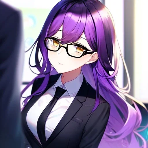 Clear focus, 8k, high quality, detailed, beautiful lighting, girl, vibrant colors, purple long hair, vibrant golden eyes, office clothes, black glasses, messy hair,