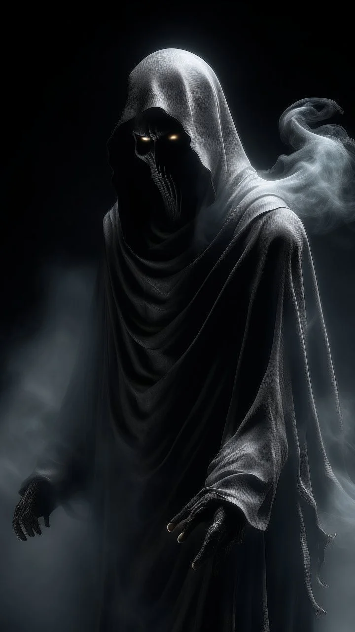 In a mesmerizing and ethereal manner, an otherworldly being emerges in the form of a translucent grey hood ghost. flowing smoky black robes. Forward facing