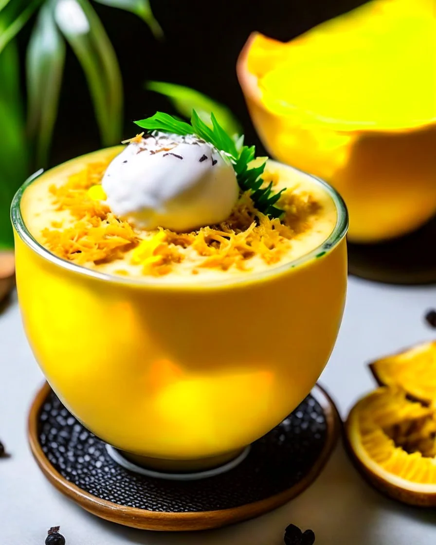 An interesting and visually descriptive boba drink, with a base of creamy coconut milk tea, topped with a layer of fresh mango puree and a sprinkle of toasted coconut flakes, served in a coconut shell for an added tropical touch.