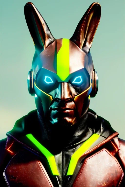 Medium Close Up Portrait, Front image. cyberpunk, rabbit mask helmet, strong man, titanium hair. Latex suit. Brown, yellow, color. Rocketer style. Color background, photo studio. Avatar image, highly detailed, concept art, smooth, unreal engine 5, ray tracing, RTX, lumen lighting, ultra detail, volumetric lighting, 3d, finely drawn, high definition, high resolution.