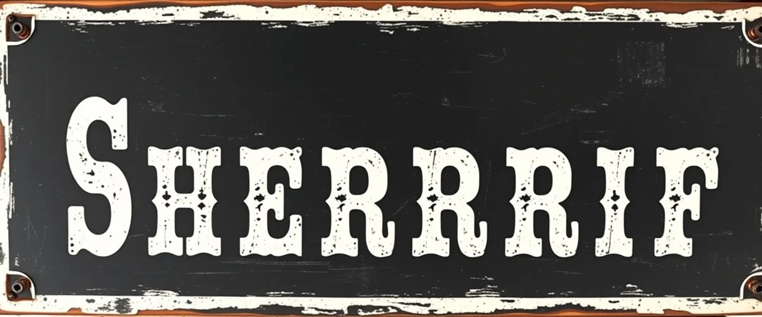 fill composition with large and wide hand painted old western sign that reads: "SHERRIF" white on black with inset white stripe aged paint sanserif