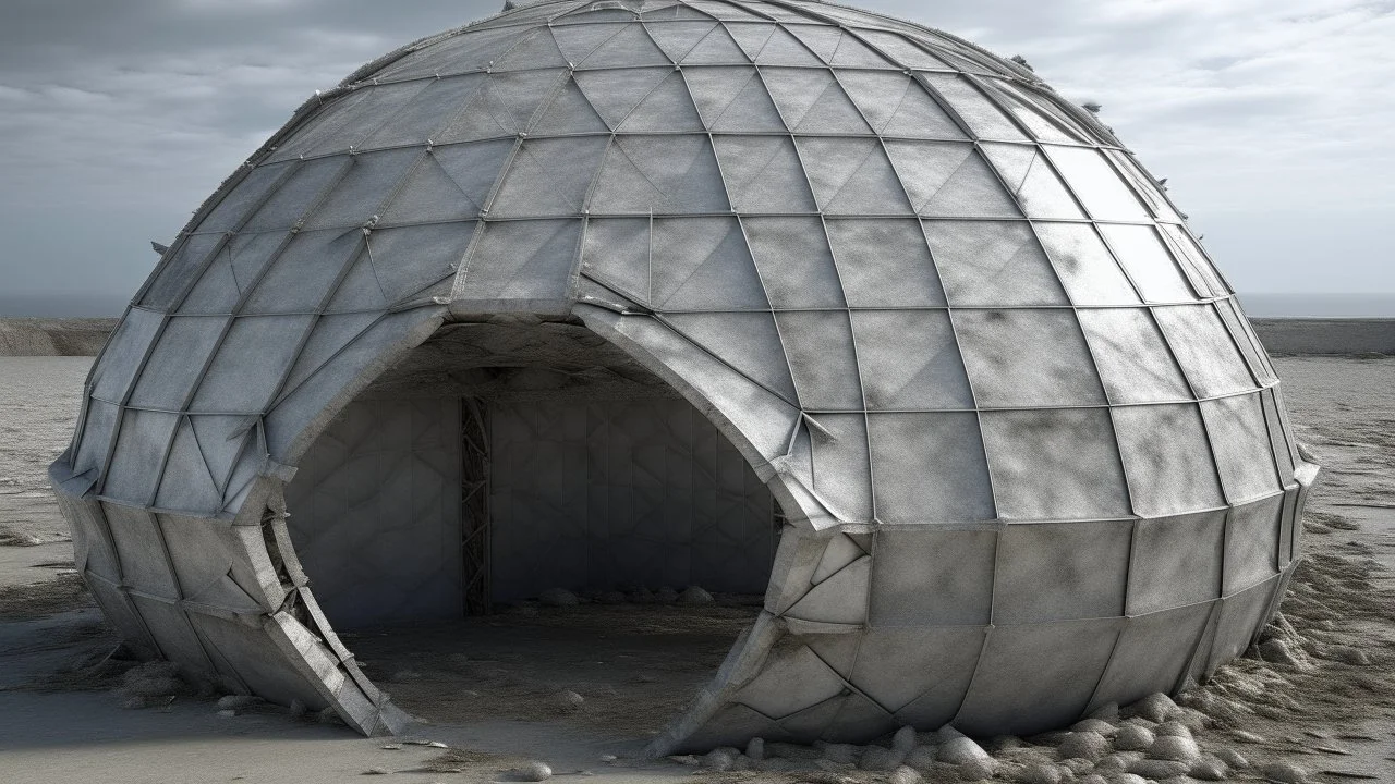Collapsed shell — dome that partially sinks according to a weakening algorithm; deformed panels; open joints; gray-opaque atmosphere; data-generated sense of ruin.