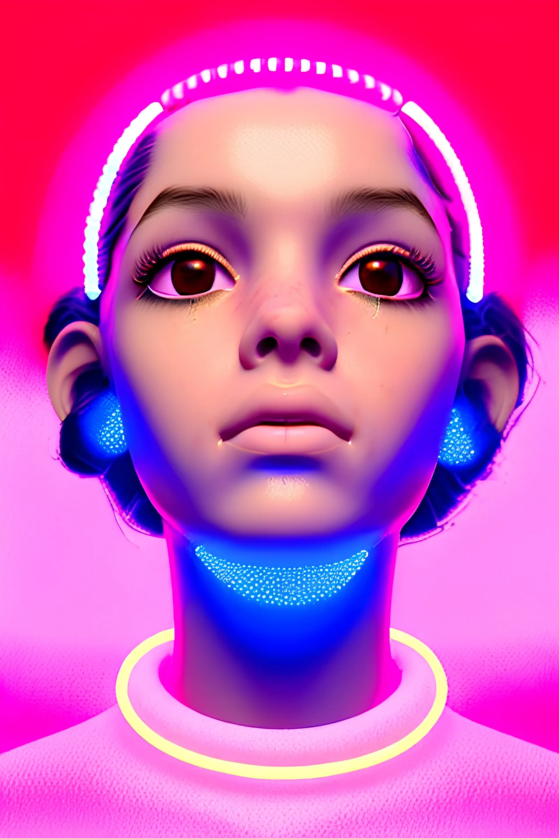 Rosalía, artist, natural, Realistic, waist up portrait. Eyes, make up, glow, circle iris, eye liner. Hair, pigtails. make up, glow. lips, gold. big rings piercing, led ornament, pearls. Hand, baseball bat, Coat, smile pin, inflatable latex, cold, led lights, minimal, neon, pink, blue, gold, vibrant color, highly detailed, art stations, concept art, smooth, unreal engine 5, god lights, ray tracing, RTX, lumen lighting, ultra detail, volumetric lighting, 3d, finely drawn, high definition, 4k.