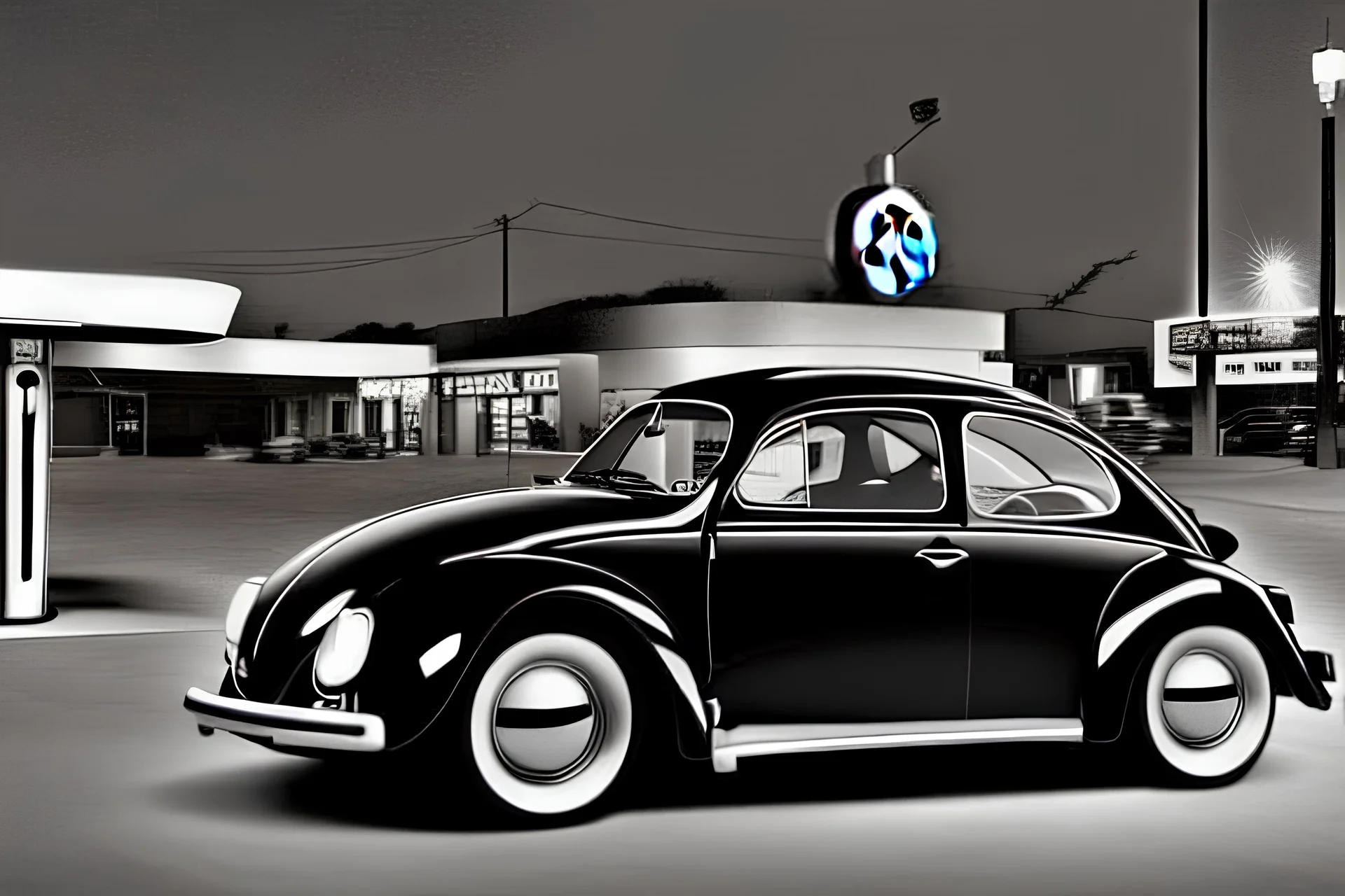 Digital Photo, 1950s, perfect perspective, night scene, a black Volkswagen beetle in front of a gas station pump, hyper realistic, hyper detailed, intricated, Frank Lloyd Wright