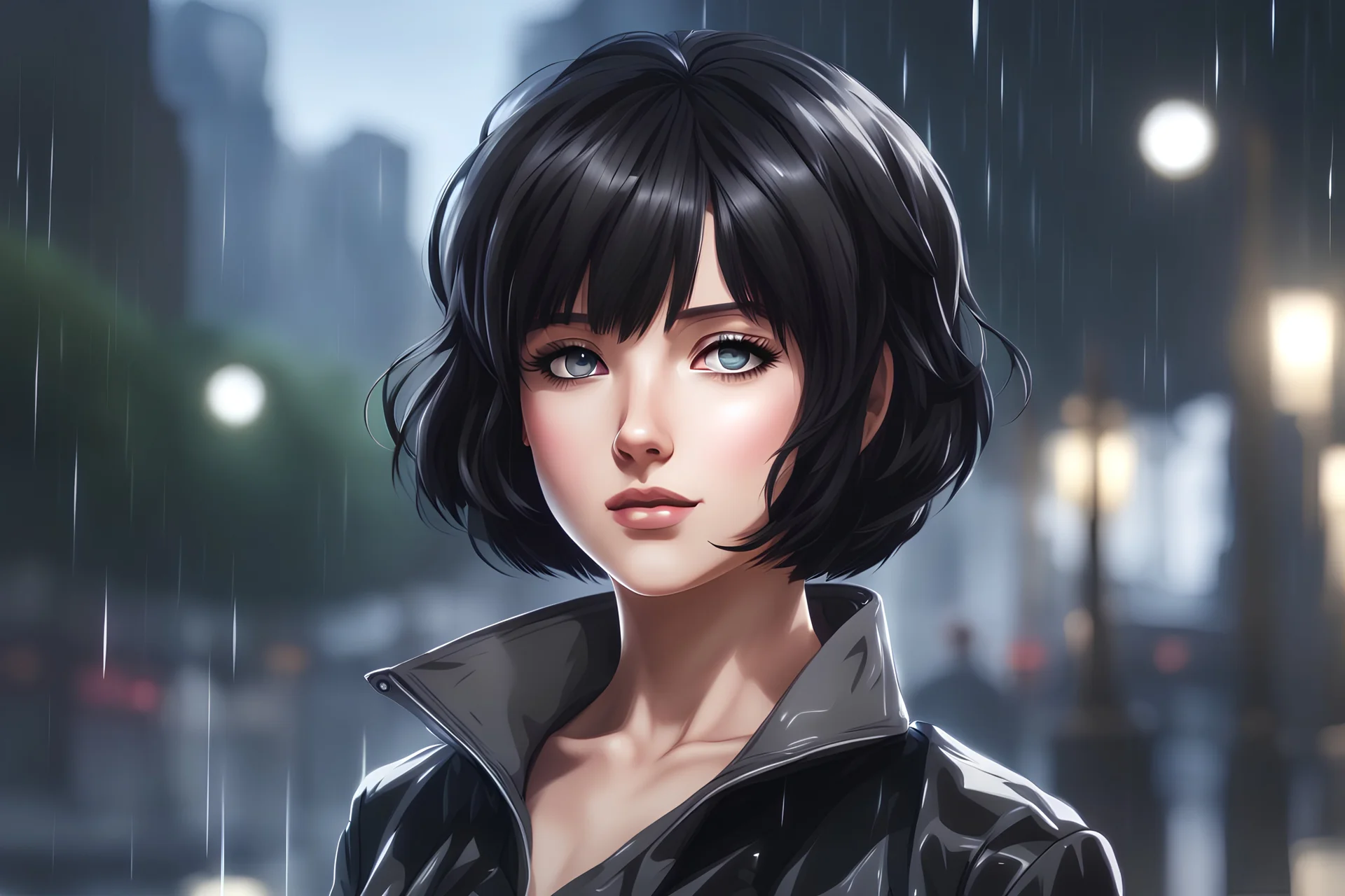 elizabeth with short black hair in 8k 2D anime realistic drawing style, elizabeth custom, close picture, rain, highly detailed, high details, detailed portrait, masterpiece,ultra detailed, ultra quality