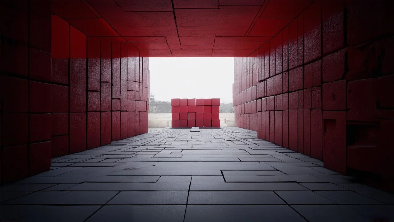 Surreal Art of Surreal and brutalist architecture inhated. Red and Black,Theme post-industrial,Subject dissonant pillars,Color Palette ashen gray,Composition geometric chaos,Imaginary World underground sprawl,Surreal Elements levitating blocks,Perspective aerial cube view,Mood architectural awe,Symbolism form over life