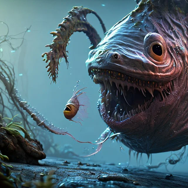 fluid ink angler fish creature, unreal engine 5, 8k resolution, photorealistic, ultra detailed